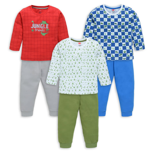Baby Boys Pack Of 3 Full Sleeve T-Shirt & Pyjama Set 100% Cotton