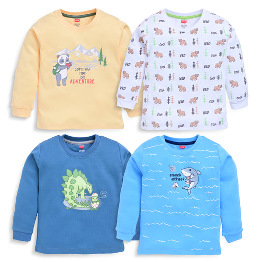 Baby Boys Regular Fit 100% Cotton Full Sleeves Boys T-Shirts Sets Pack Of 4, Mango, White, Provincial Blue & Baltic Sea