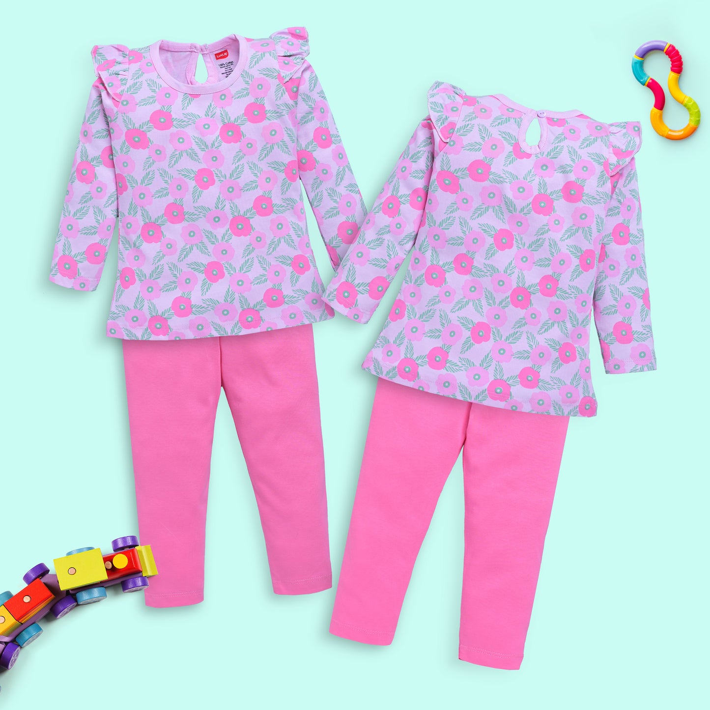 Baby Girls 100% Cotton Full Sleeve Girls Top & Pyjama CoSets Pack Of 3, Baby Pink, Mango & Mint