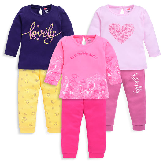 Baby Girls 100% Cotton Full Sleeve Girls Top & Pyjama CoSets Pack Of 3, Baby Pink, Morning Glory & Navy