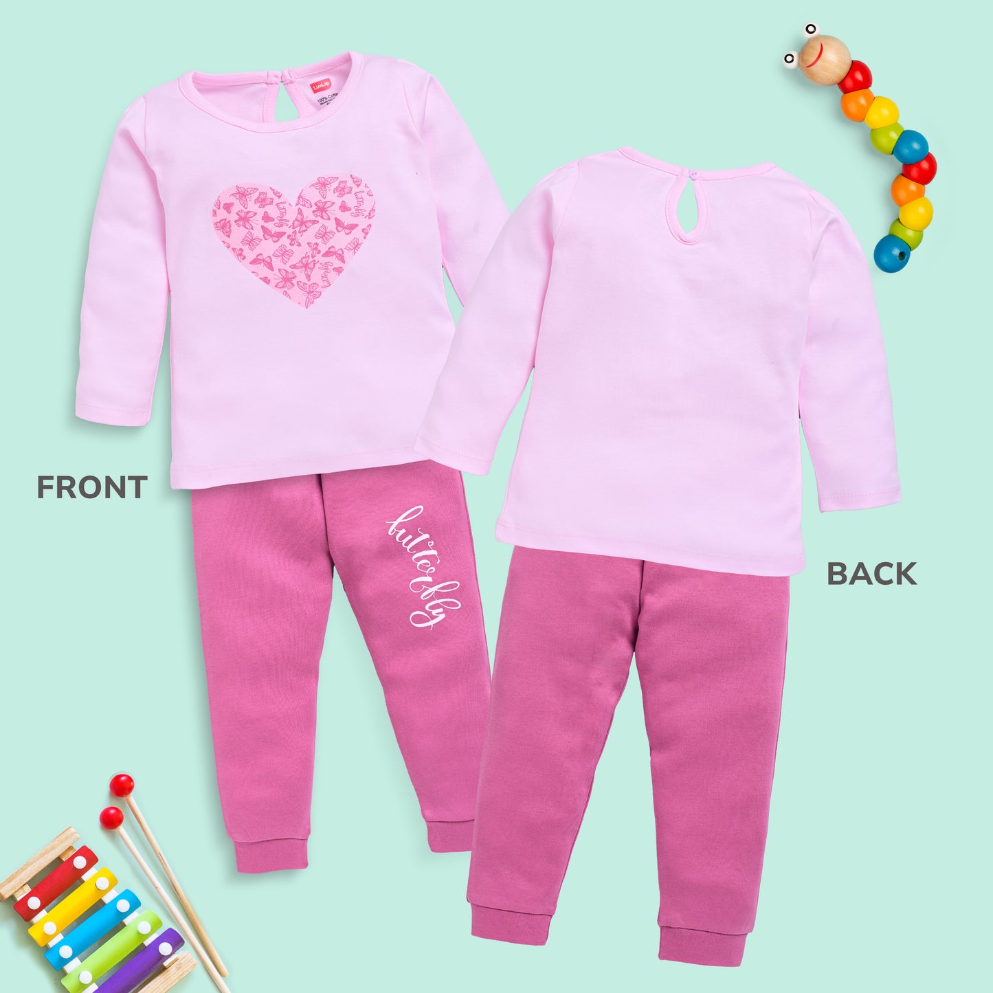 Baby Girls 100% Cotton Full Sleeve Girls Top & Pyjama CoSets Pack Of 3, Baby Pink, Morning Glory & Navy