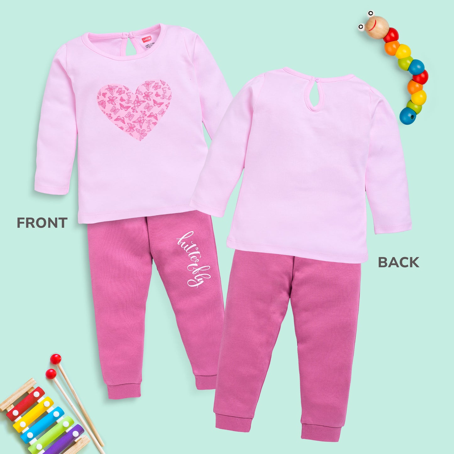 Baby Girls 100% Cotton Full Sleeve Girls Top & Pyjama CoSets Pack Of 3, Baby Pink, Morning Glory & Navy