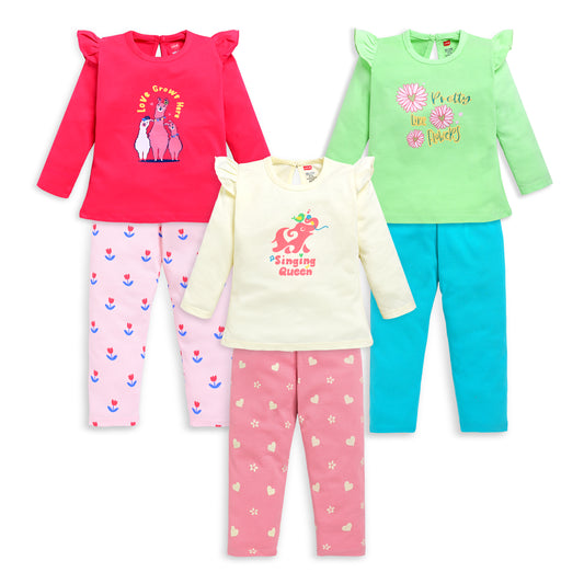 Baby Girls 100% Cotton Full Sleeve Girls Top & Pyjama CoSets Pack Of 3, Coral Red, Off White & Paradise Green
