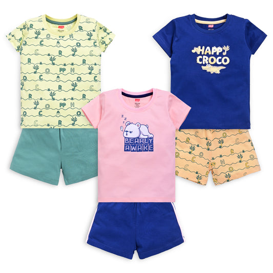 Baby Boys Regular Fit 100% Cotton Half Sleeves Boys T-Shirts and & Shorts Sets Pack Of 3, Pink Rose, Navy & Lime Green