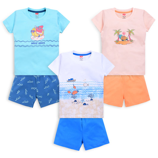 Baby Boys Regular Fit 100% Cotton Half Sleeves Boys T-Shirts and & Shorts Sets Pack Of 3, White, Light Peach & Aqua