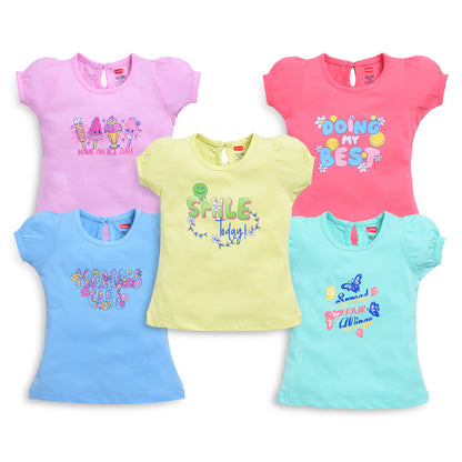 Baby Girls Regular Fit 100% Cotton Half Sleeves Girls Top Pack Of 5, Salmon Rose, Baby Pink, Supra, Lime Green & Lt. Pastel Green