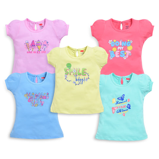 Baby Girls Regular Fit 100% Cotton Half Sleeves Girls Top Pack Of 5, Salmon Rose, Baby Pink, Supra, Lime Green & Lt. Pastel Green