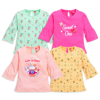 Baby Girls 100% Cotton Full Sleeve Girls Top Pack Of 4, Lt. Peach, Mango, Morning Glory & Sea Green