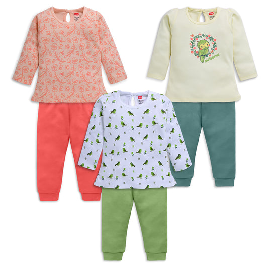 Baby Girls Pack Of 3 Full Sleeve Top & Pyjama Set 100% Cotton