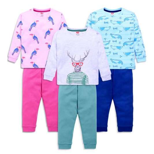 Baby Boys 100% Cotton Full Sleeve Boys T-Shirt & Pyjama Sets Pack Of 3, Grey Melange, Baby Pink & Supra