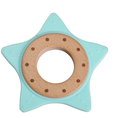 Baby Silicone Teether with Beech Wood Inner Ring, Light Green, Easy Grip, 3M+ Babies