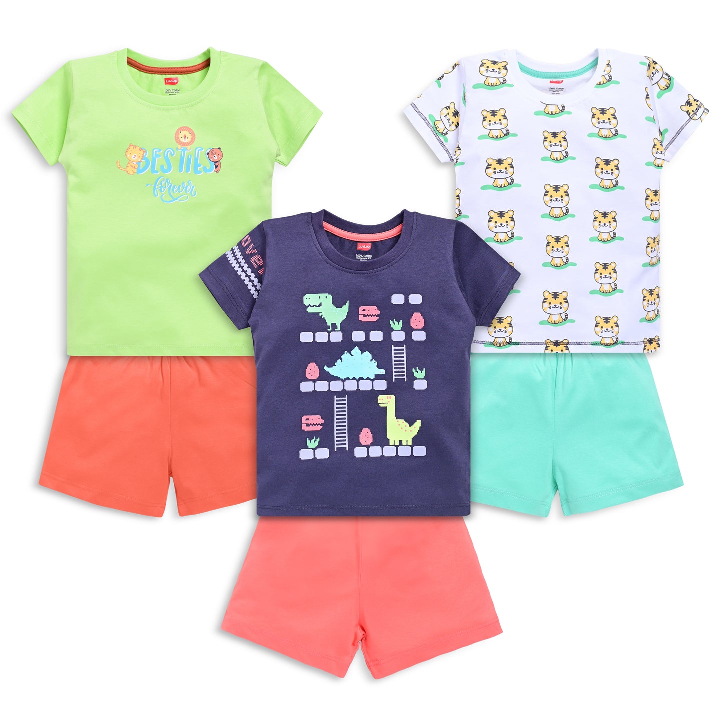 Baby Boys Regular Fit 100% Cotton Half Sleeves Boys T-Shirts and & Shorts Sets Pack Of 3, White, Steel Grey & Sharp Green