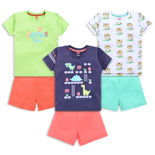 Baby Boys Regular Fit 100% Cotton Half Sleeves Boys T-Shirts and & Shorts Sets Pack Of 3, White, Steel Grey & Sharp Green