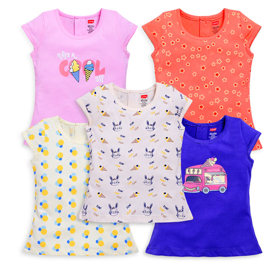 Baby Girls Regular Fit 100% Cotton Half Sleeves Girls Top Pack Of 5, Baby Pink, Purple Opulence, Desert Flower, Off White & Sea Salt