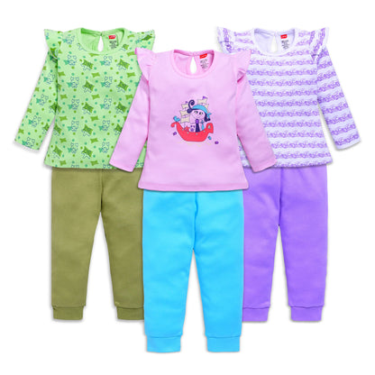 Baby Girls 100% Cotton Full Sleeve Girls Top & Pyjama CoSets Pack Of 3, Baby Pink, Paradise Green & White