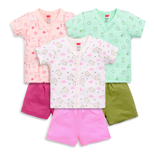 Baby Boys & Girls Regular Fit 100% Cotton Half Sleeve Jhabla & Shorts Sets Pack Of 3, Sea Salt, Sea Green & Light Peach