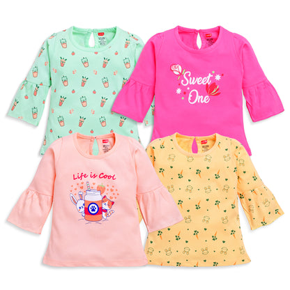 Baby Girls 100% Cotton Full Sleeve Girls Top Pack Of 4, Lt. Peach, Mango, Morning Glory & Sea Green