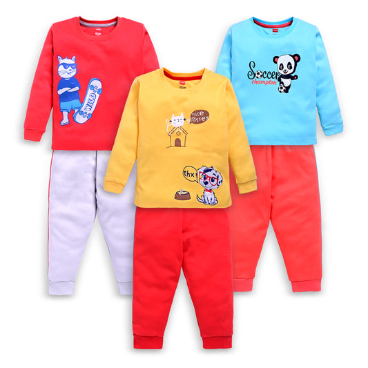 Baby Boys 100% Cotton Full Sleeve Boys T-Shirt & Pyjama Sets Pack Of 3, Aqua, Sunflower & Aurora Red