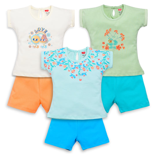 Baby Girls 100% Cotton Sleeveless Girls Top & Shorts Sets Pack Of 3, Soothing Sea, Off White & Sea Foam Green