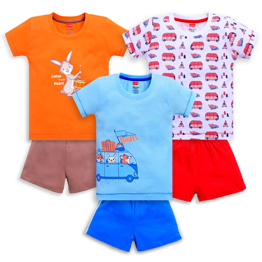 Baby Boys Regular Fit 100% Cotton Half Sleeves Boys T-Shirts and & Shorts Sets Pack Of 3, Supra, White & Saffron