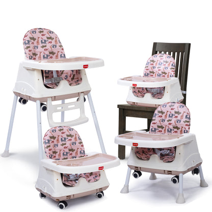 High Chair for Baby/Kids, Toddler Feeding Booster Seat with Wheels, 3 Height adjustments, With Cushion, 6 month to 3 years, Portable (Pink)