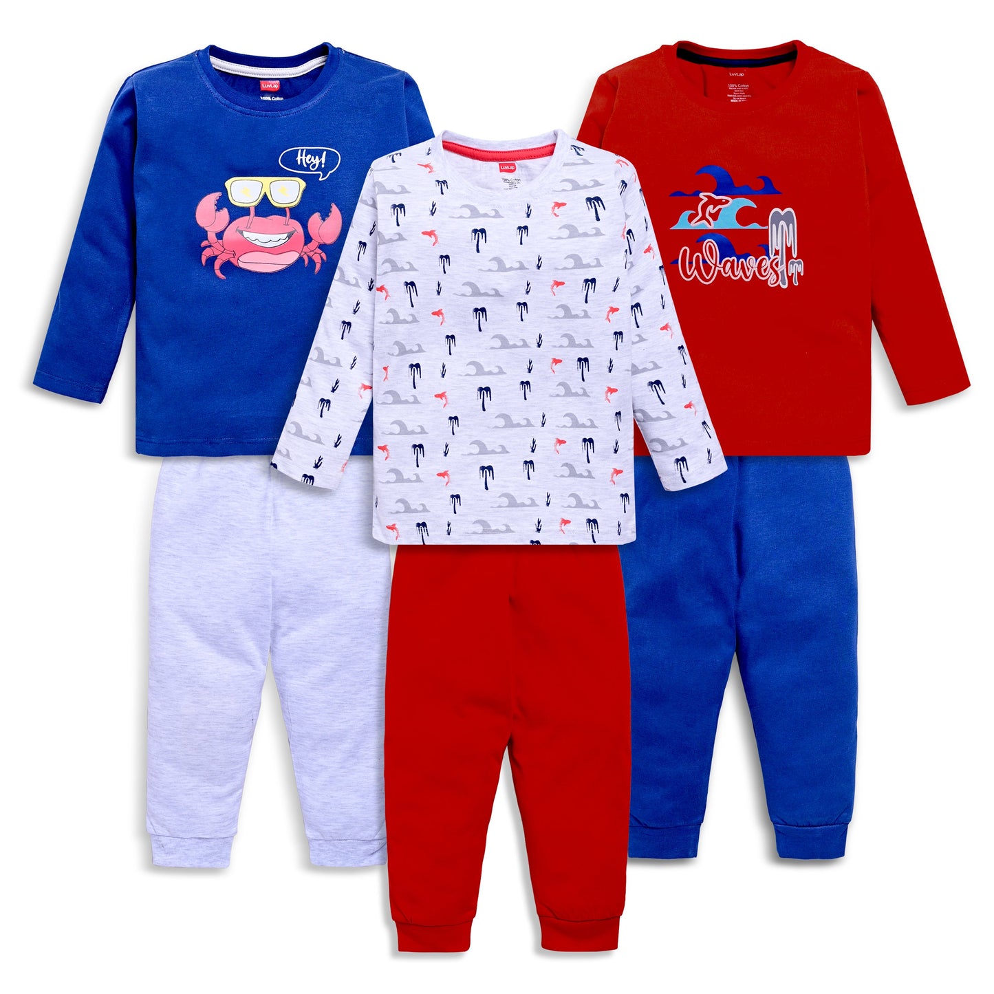 Baby Boys 100% Cotton Full Sleeve Boys T-Shirt & Pyjama Sets Pack Of 3, Navy, Aurora Red & Melange