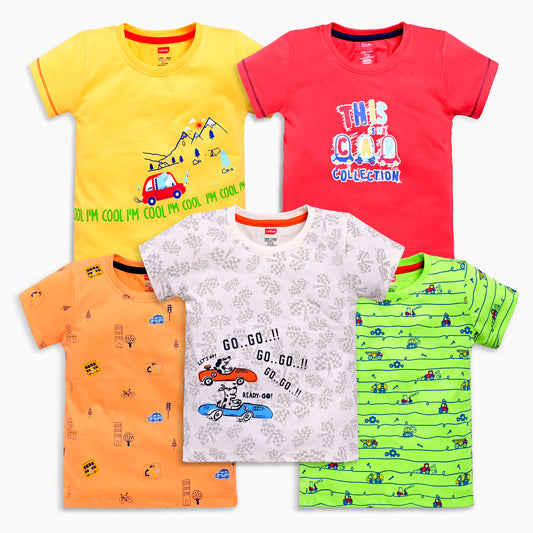 Baby Boys Regular Fit 100% Cotton Half Sleeve Boys T-Shirt Pack Of 5, Aurora Red, Sunflower, Sea Salt, Sharp Green & Papaya