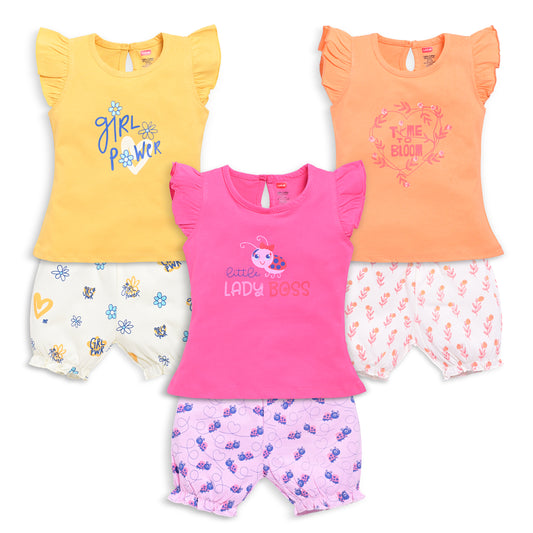 Baby Girls Regular Fit 100% Cotton Half Sleeves Girls Top CoSets Pack Of 3, Papaya, Hot Pink & Gold