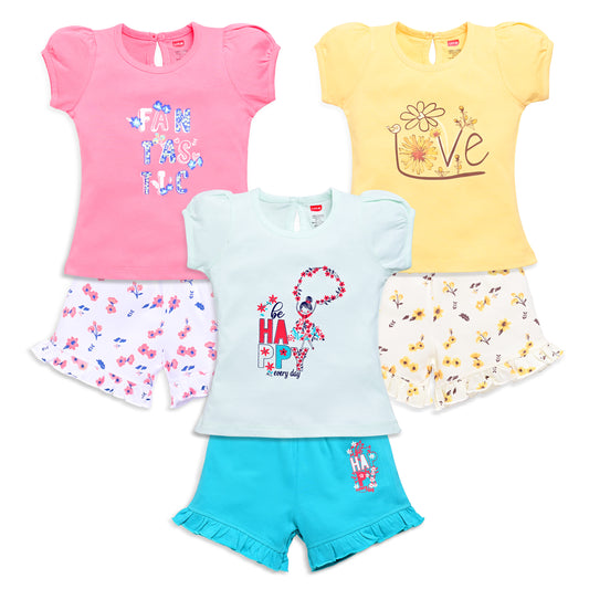 Baby Girls Regular Fit 100% Cotton Half Sleeves Girls Top CoSets Pack Of 3, Salmon Rose, Mint & Sunflower
