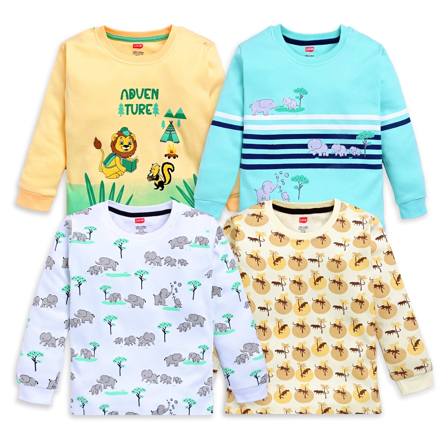 Baby Boys Regular Fit 100% Cotton Full Sleeves Boys T-Shirts Sets Pack Of 4, White, Lt.Pastel Green, Mango, Off White