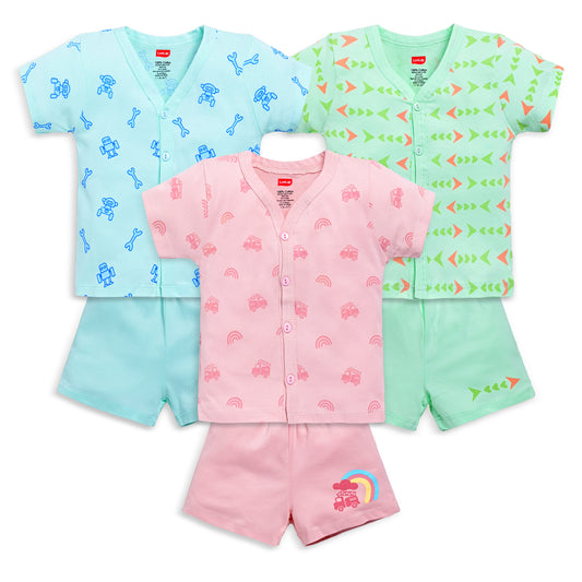 Baby Boys & Girls Regular Fit 100% Cotton Half Sleeve Jhabla & Shorts Sets Pack Of 3, Peach Whip, Sea Green & Soothing Sea