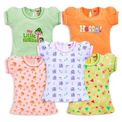 Baby Girls Regular Fit 100% Cotton Half Sleeves Girls Top Pack Of 5, Sea Foam Green, White, Lime Green, Lt. Peach & Papaya