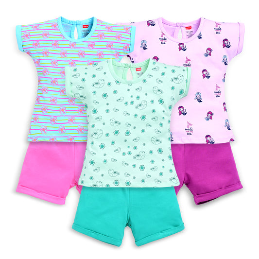 Baby Girls Regular Fit 100% Cotton Half Sleeves Girls Top CoSets Pack Of 3, Lilac Snow, Aqua & Sea Green