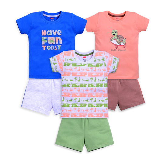 Baby Boys Regular Fit 100% Cotton Half Sleeves Boys T-Shirts and & Shorts Sets Pack Of 3, Peach, Supra & White
