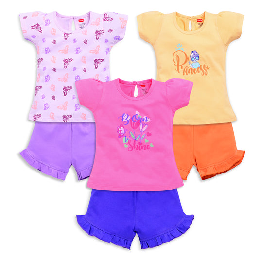 Baby Girls Regular Fit 100% Cotton Half Sleeves Girls Top CoSets Pack Of 3, Morning Glory, Mango & Lilac Snow