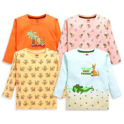 Baby Boys Regular Fit 100% Cotton Full Sleeves Boys T-Shirts Sets Pack Of 4, Mint, Light Peach, Mango & Papaya