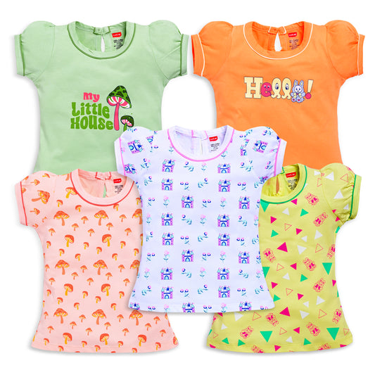 Baby Girls Regular Fit 100% Cotton Half Sleeves Girls Top Pack Of 5, Sea Foam Green, White, Lime Green, Lt. Peach & Papaya