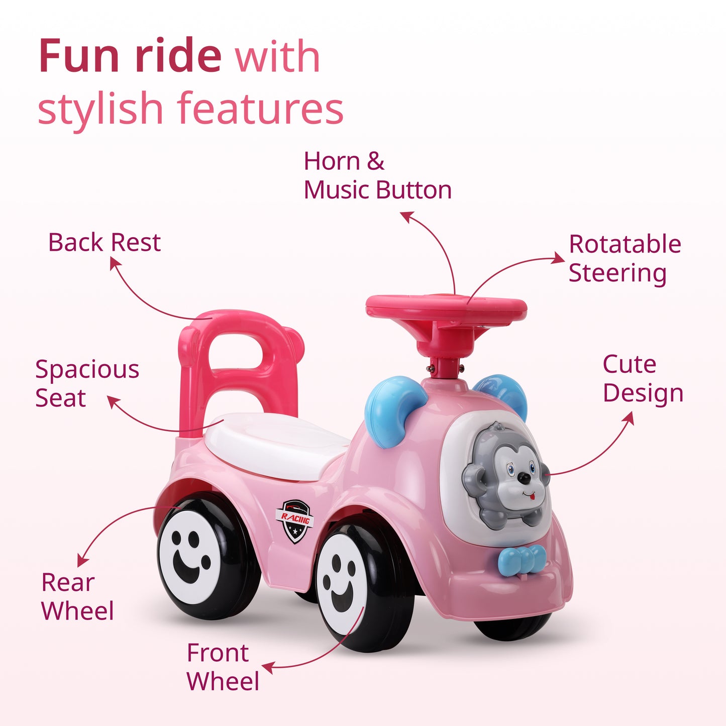 Sunny Ride on & Car for Kids with Music & Horn Steering, Push Car for Baby with Backrest, Safety Guard, Under Seat Storage & Big Wheels, Ride on for Kids 1 to 3 Years Upto 25 Kgs (Pink)