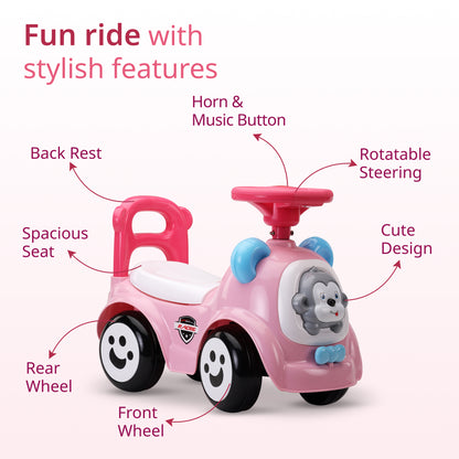 Sunny Ride on & Car for Kids with Music & Horn Steering, Push Car for Baby with Backrest, Safety Guard, Under Seat Storage & Big Wheels, Ride on for Kids 1 to 3 Years Upto 25 Kgs (Pink)