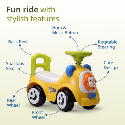 Sunny Ride on & Car for Kids with Music & Horn Steering, Push Car for Baby with Backrest, Safety Guard, Under Seat Storage & Big Wheels, Ride on for Kids 1 to 3 Years Upto 25 Kgs (Yellow)
