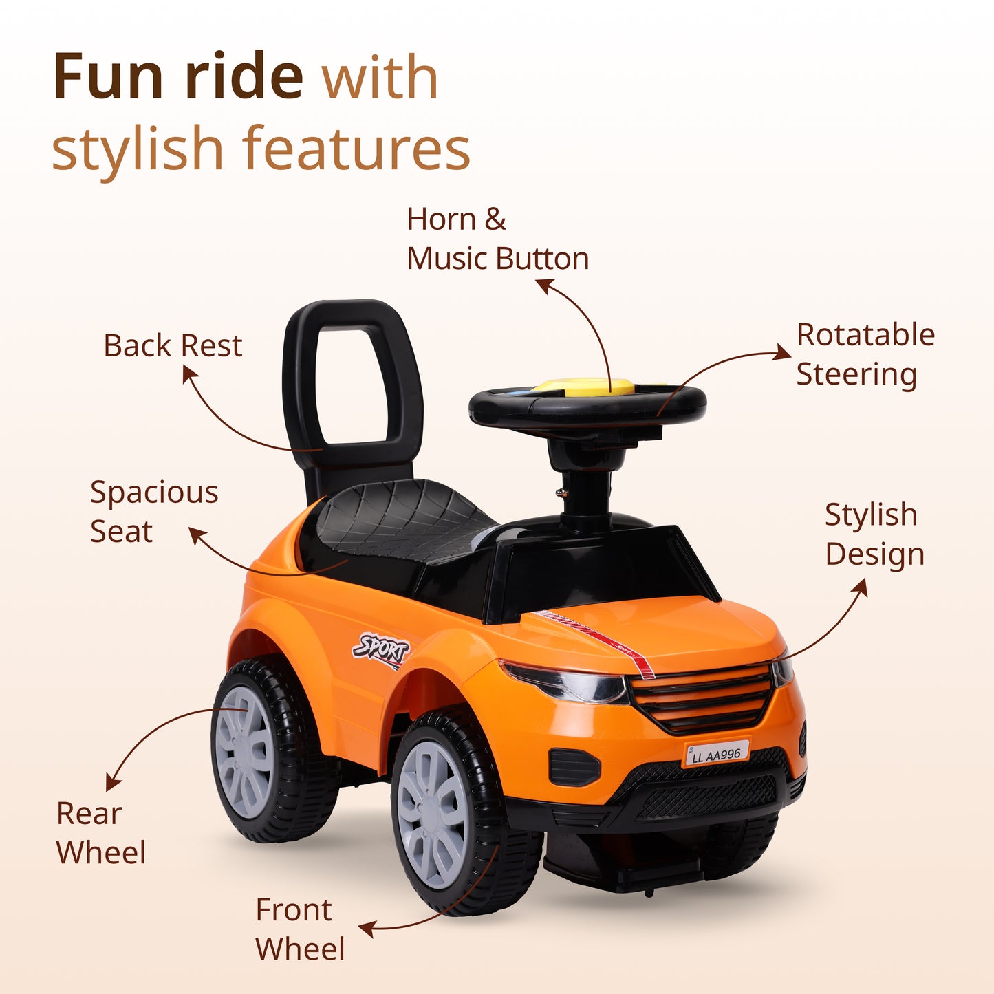 Sunny Ride on & Car for Kids with Music & Horn Steering, Push Car for Baby with Backrest, Safety Guard, Under Seat Storage & Big Wheels, Ride on for Kids 1 to 3 Years Upto 25 Kgs (Orange)