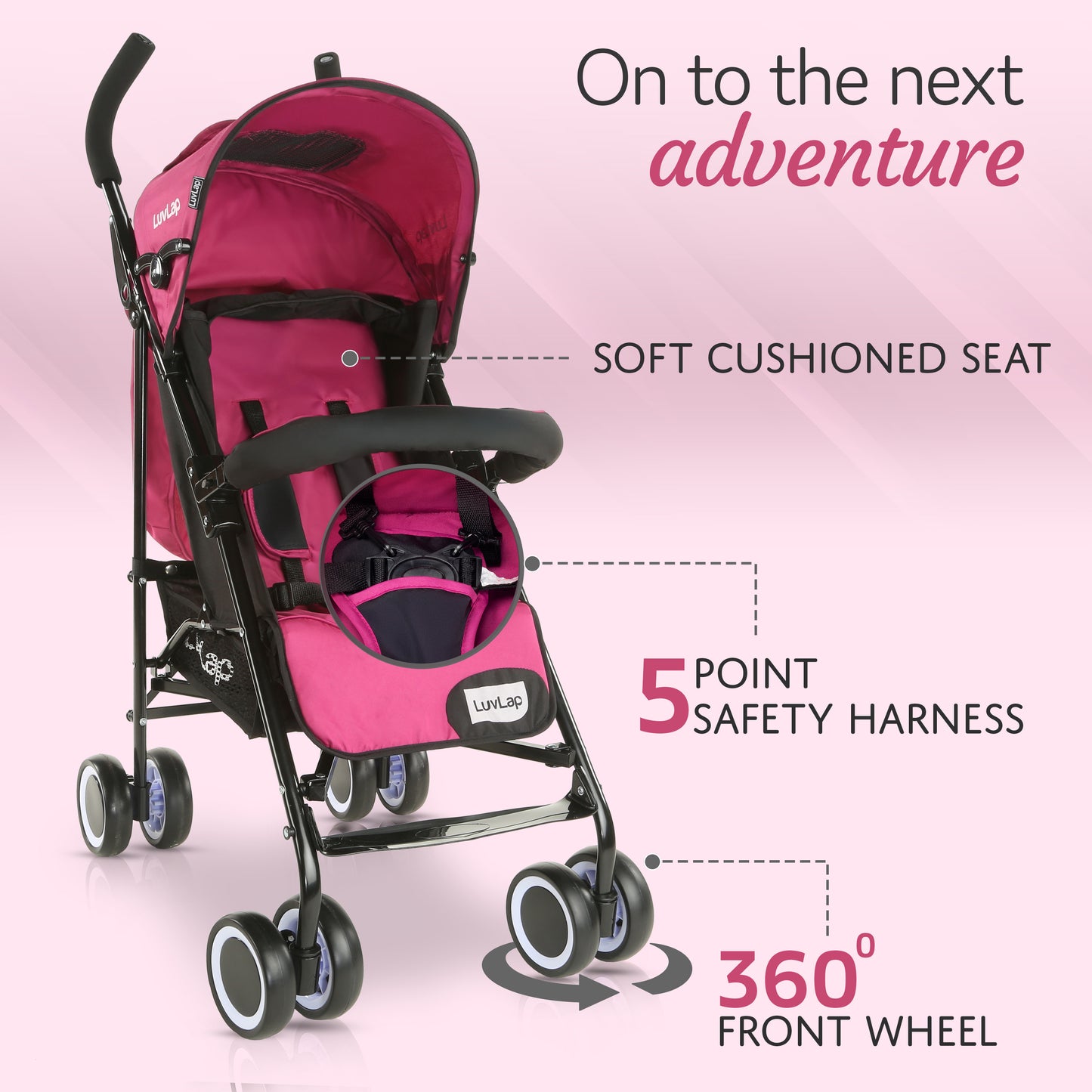 City Baby Stroller/Buggy, Lightweight, Compact & Travel Friendly Baby pram, for 6-36 Months Baby, 5 Point Safety Harness, Adjustable seat Recline, extendable Canopy, 15Kg Capacity (Pink)