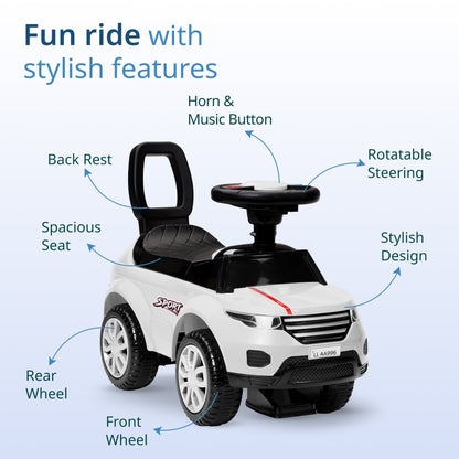 Starlight Ride on & Car for Kids with Music & Horn Steering, Push Car for Baby with Backrest, Safety Guard, Under Seat Storage & Big Wheels, Ride on for Kids 1 to 3 Years Upto 25 Kgs (White)