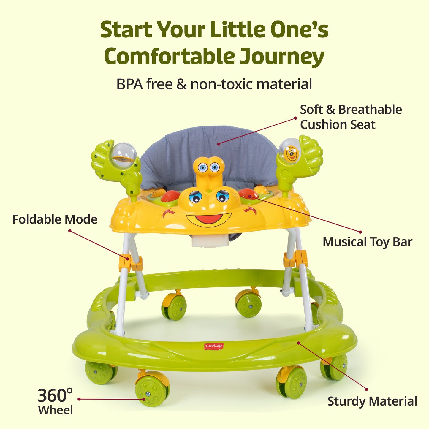 Starshine Baby Walker 9+ Months | 3 Level Height Adjustment Walker/Advanced Baby Activity Walker, Green
