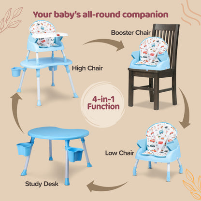 4 in 1 Convertible Baby High Chair with 3 Point Safety Belts, High Chair, Low Chair, Booster Chair and Table for Baby, Removable & Washable Food Tray 6 Months+ (Blue)