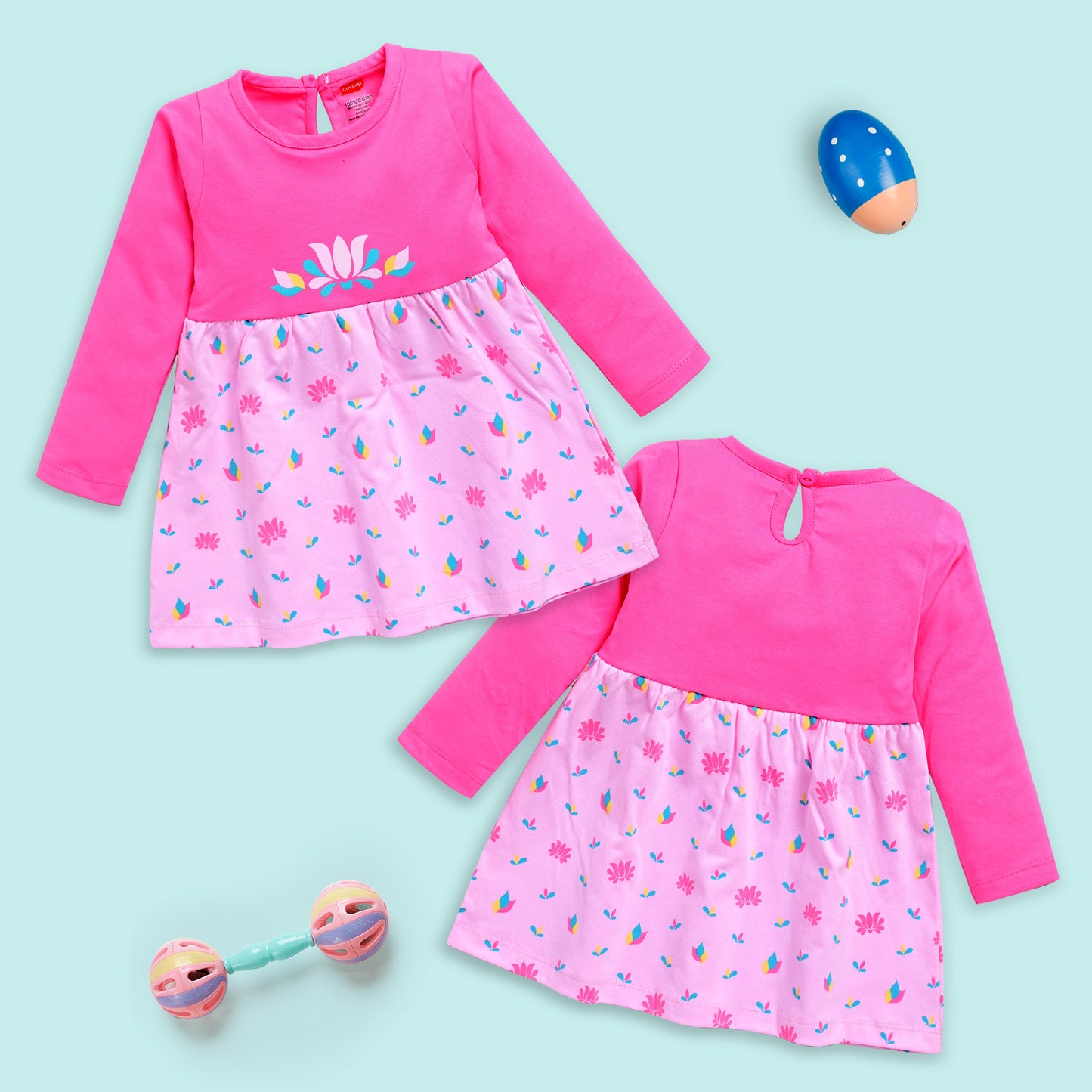 Baby Girls 100% Cotton Full Sleeve Girl Frock Pack Of 3, Morning Glory, Fuschia & Pastel Green