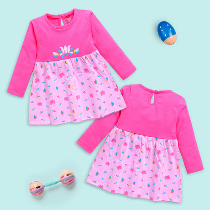 Baby Girls 100% Cotton Full Sleeve Girl Frock Pack Of 3, Morning Glory, Fuschia & Pastel Green