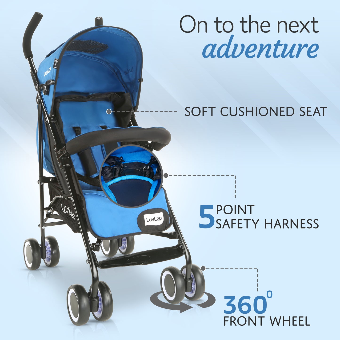 City Baby Stroller/Buggy, Lightweight, Compact & Travel Friendly Baby pram, for 6-36 Months Baby, 5 Point Safety Harness, Adjustable seat Recline, extendable Canopy, 15Kg Capacity (Blue)
