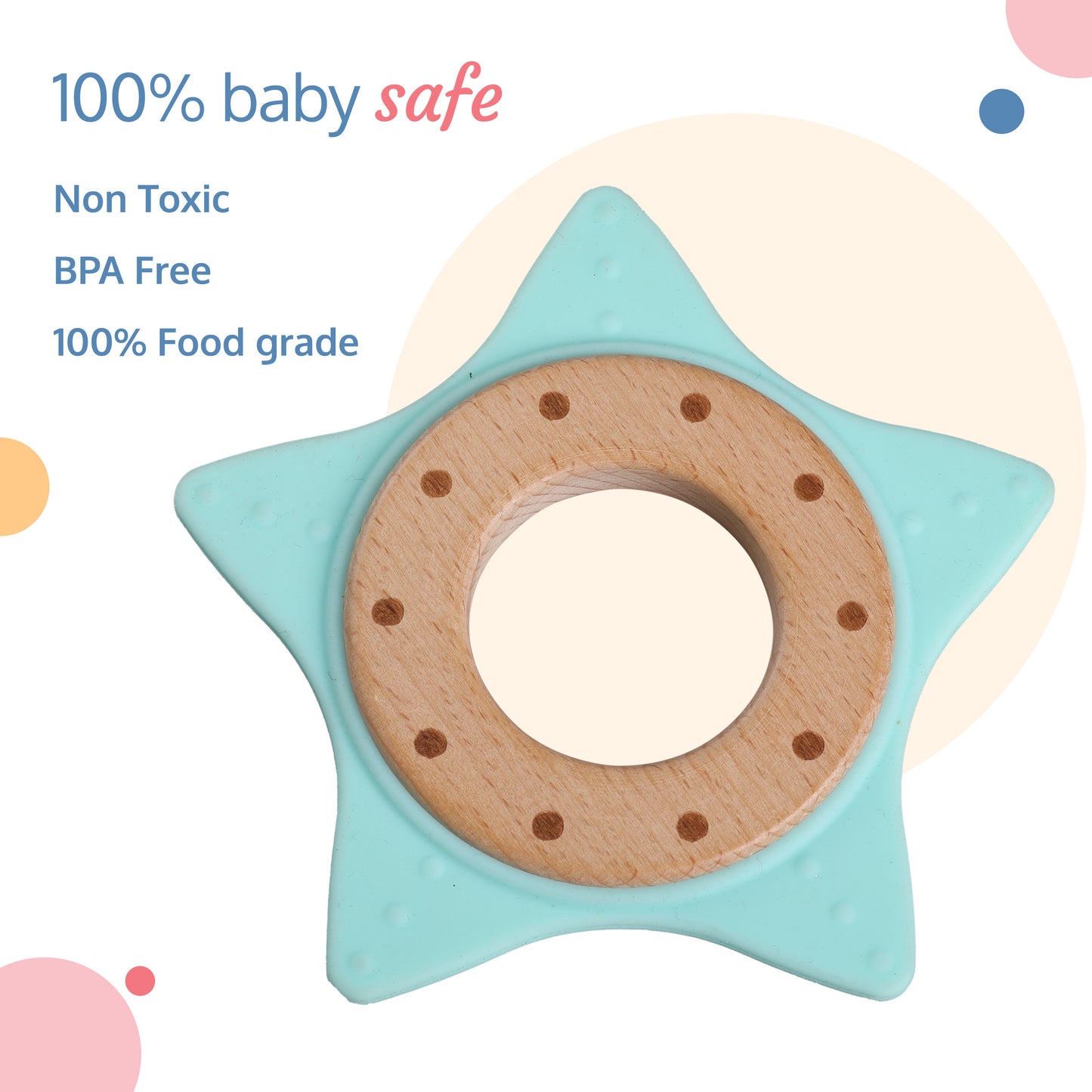 Baby Silicone Teether with Beech Wood Inner Ring, Light Green, Easy Grip, 3M+ Babies