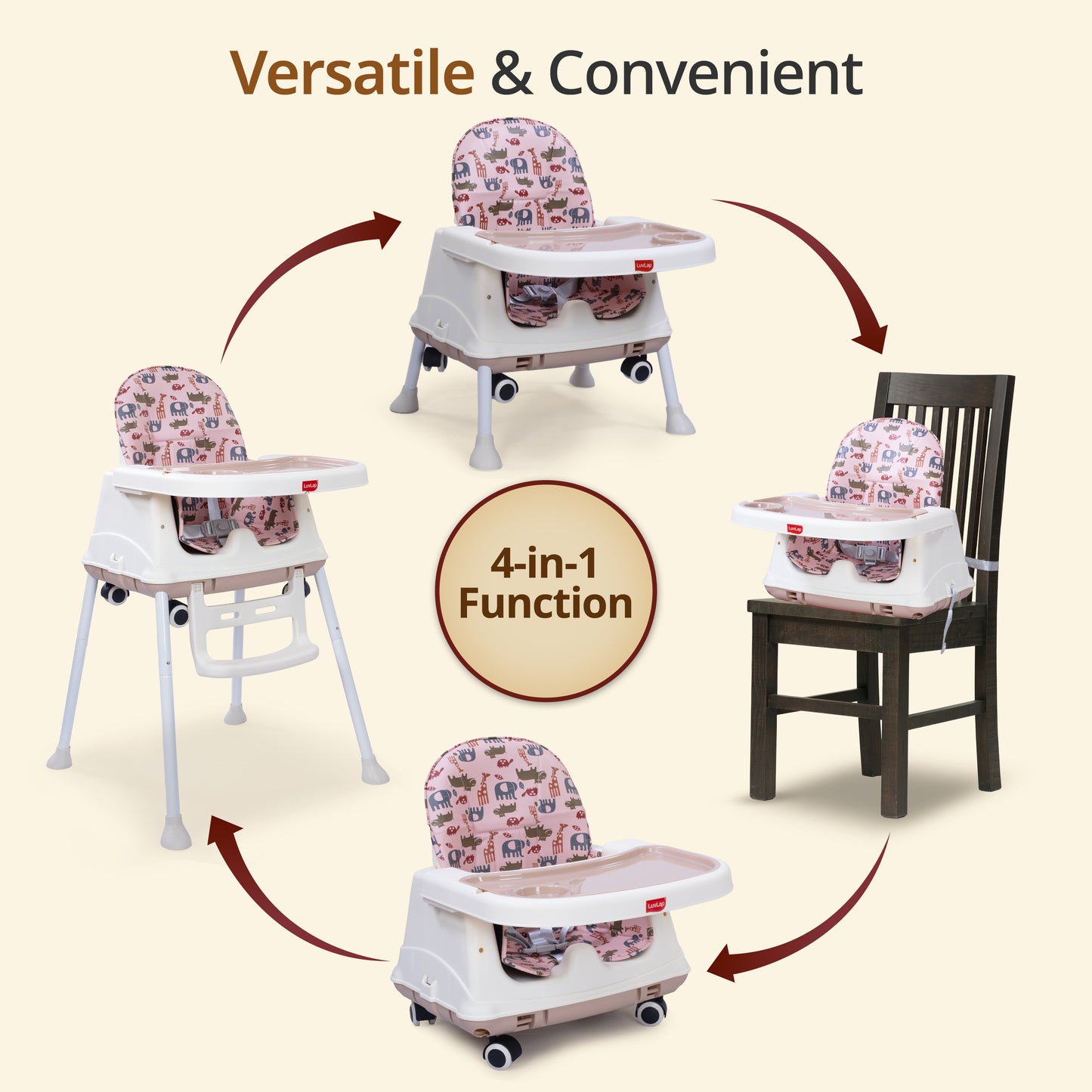 High Chair for Baby/Kids, Toddler Feeding Booster Seat with Wheels, 3 Height adjustments, With Cushion, 6 month to 3 years, Portable (Pink)